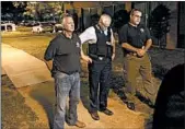  ?? JEFFREY COLLINS/AP ?? Florence County Sheriff Kenney Boone, from left, police Chief Allen Heidler and deputy Glenn Kirby speak to the media about the shooting Wednesday in South Carolina.