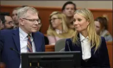  ?? RICK BOWMER — AP FILE ?? Gwyneth Paltrow, right, and her attorney Steve Owens react after the verdict was read on March 30 in Park City, Utah.