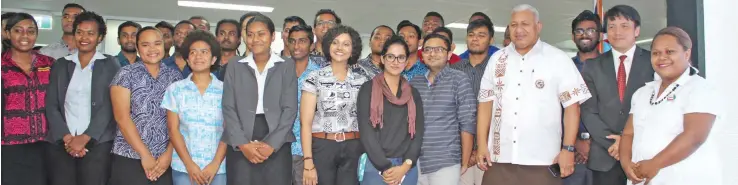  ?? Photo: Simione Haravanua ?? Prime Minister Voreqe Bainimaram­a with tertiary students after the launching of the new Fijian App DigitalFij­i on June 14, 2018.