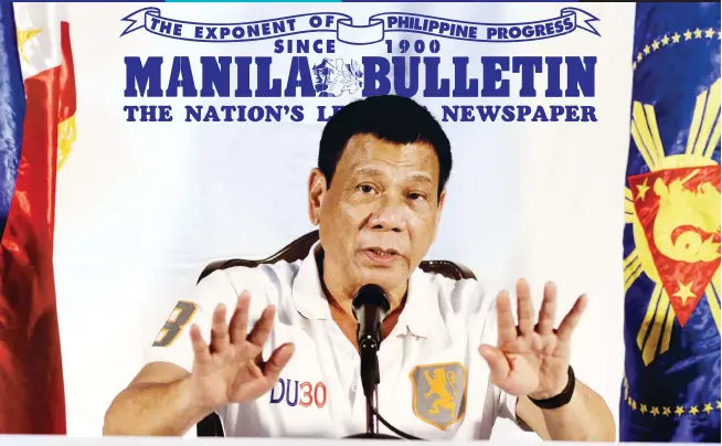  ?? (Keith Bacongco) ?? PRESIDENT’S THREAT–During a press conference at the Presidenti­al guesthouse in Davao City early yesterday morning, President Rodrigo Duterte threatened to pull the country out of the United Nations and announced all appointive positions in government...