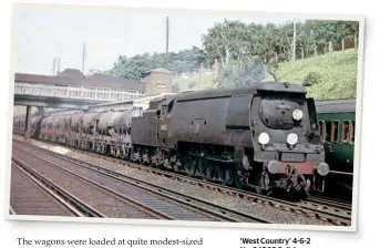  ??  ?? ‘West Country’ 4-6-2
No. 34002 Salisbury hustles the 3.54pm Clapham Gate-exeter Central milk empties past an Alton-bound stopping EMU at Weybridge on August 1 1964. KEITH JAGGERS