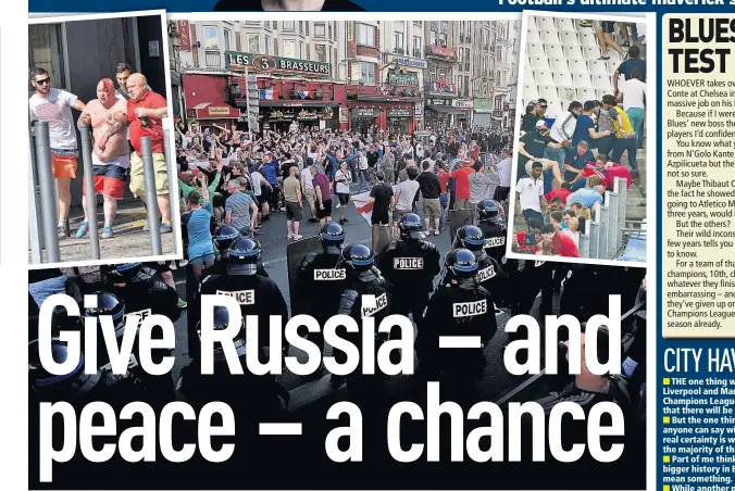  ??  ?? BAD OLD DAYS: Riot police in Lille break up clashes between England and Russia fans at Euro 2016, and (top right) Russians cause trouble in Marseille