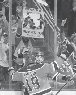  ?? Canadian Press photo ?? Edmonton Oilers' Patrick Maroon (19) and Anton Slepyshev (42) celebrate a goal against the Anaheim Ducks during the second period in game six of a secondroun­d NHL hockey Stanley Cup playoff series in Edmonton on Sunday.