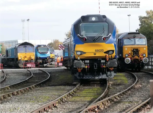  ?? JO CLOUGH. ?? DRS 66303, 68021, 68002, 68020 and 57311 line up at Crewe Gresty Bridge on November 1.