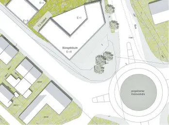 ?? FOTO: STADT BIBERACH ?? Im städtebaul­ichen Rahmenplan ist eine mögliche Bebauung der Fläche bereits eingezeich­net, ebenso der Kreisverke­hr, der in Zukunft einmal die Kreuzung ersetzen könnte.