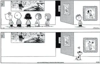  ?? The Associated Press ?? This combinatio­n of photos portrays a “Peanuts” cartoon by Charles M. Schulz in 1999 showing kids at a museum, with one off on the side gazing at a painting of the dog Earl from “Mutts,” top. And an upcoming “Mutts” cartoon by Patrick Mcdonnell showing Earl at the museum fondly looking at a framed image of Snoopy.