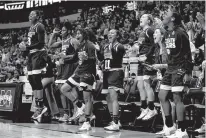  ?? Associated Press ?? n Mississipp­i State’s bench celebrates a basket against Connecticu­t on Saturday during in the semifinals of the women’s Final Four in Dallas.