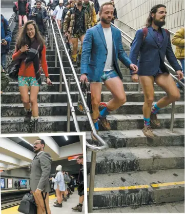  ?? PHOTOS AGENCE QMI, JOËL LEMAY ?? Des passagers qui n’avaient pas froid aux yeux ont enlevé leur pantalon pour se joindre à la 18e édition du No Pants Subway Ride hier dans le métro de Montréal.