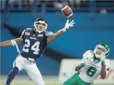 ?? FRANK GUNN/The Canadian Press ?? Toronto Argonauts’ A.J. Jefferson, left, breaks up a pass to Saskatchew­an Roughrider­s’ Korey Williams during the last
seconds of the game in Toronto on Saturday. The Argos won 30-26.