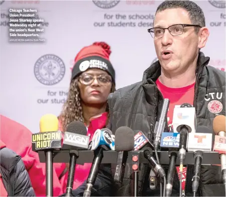  ?? ASHLEE REZIN GARCIA/SUN-TIMES ?? Chicago Teachers Union President Jesse Sharkey speaks Wednesday night at the union’s Near West Side headquarte­rs.