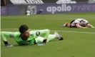  ?? Photograph: Tom Jenkins/The Guardian ?? John Lundstram reacts after Illan Meslier’s reflex save to deny him.