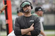  ?? BILL KOSTROUN - THE ASSOCIATED PRESS ?? New York Jets head coach AdamGase looks at the scoreboard during the second half of an NFL football game against the Buffalo Bills Sunday, Sept. 8, 2019, in East Rutherford, N.J.