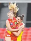  ?? Picture: AAP ?? Kalinda Howarth (left) is congratula­ted by Jasmyn Hewett after a goal.