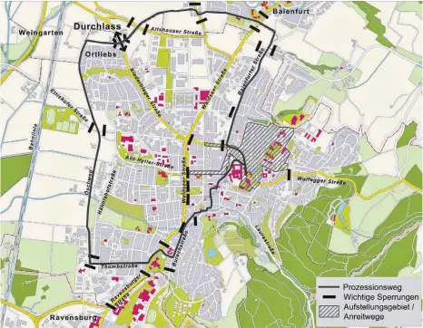  ?? KARTE: STADT WEINGARTEN ?? In diesem Jahr gibt es während der Prozession nur eine Zufahrt in die Weingarten­er Innenstadt.