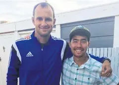  ?? AP ?? John Allen Chau, right, stands for a photograph with Founder of Ubuntu Football Academy Casey Prince in Cape Town, days before he left for North Sentinel Island.