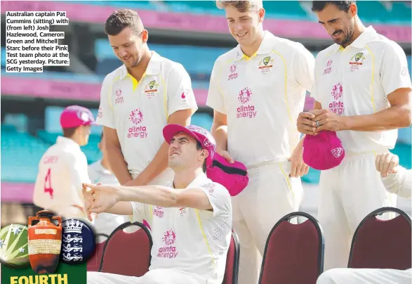  ?? Picture: Getty Images ?? Australian captain Pat Cummins (sitting) with (from left) Josh Hazlewood, Cameron Green and Mitchell Starc before their Pink Test team photo at the SCG yesterday.