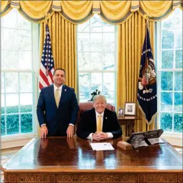  ?? PHOTO BY SHEALAH CRAIGHEAD/WHITE HOUSE ?? IN THIS OFFICIAL WHITE HOUSE PHOTO, YUMA MAYOR DOUG NICHOLLS meets with President Donald Trump in the Oval Office at the White House on April 30, 2019. The President invited Nicholls to a party at the White House this coming week.