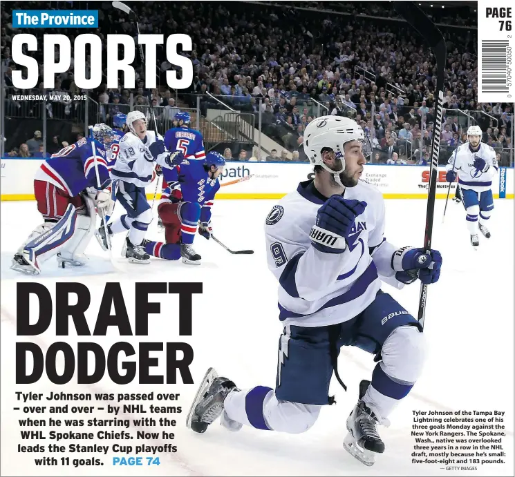  ?? — GETTY IMAGES ?? Tyler Johnson of the Tampa Bay Lightning celebrates one of his three goals Monday against the New York Rangers. The Spokane, Wash., native was overlooked three years in a row in the NHL draft, mostly because he’s small: five-foot-eight and 183 pounds.