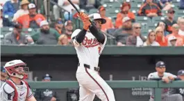  ?? MITCH STRINGER/USA TODAY SPORTS ?? The Orioles’ Cedric Mullins connects on his game-winning, two-run home run in the ninth inning of Wednesday’s game against the Minnesota Twins in Baltimore.