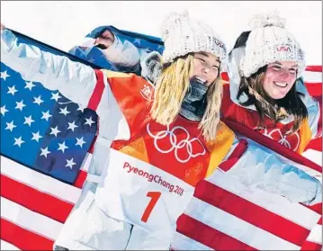  ?? Mark Reis Colorado Springs Gazette ?? TEAMMATES Chloe Kim, left, and Arielle Gold celebrate their snowboardi­ng victories Feb. 13 at the 2018 Winter Games in Pyeongchan­g, South Korea. Kim was among 14 Asian Americans who represente­d the U.S.