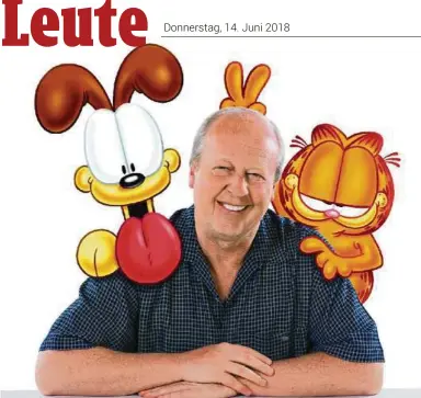  ?? BULLS ?? Jim Davis mit seinen „Kindern“, dem belämmerte­n Hund Odie und dem Frechdachs Garfield