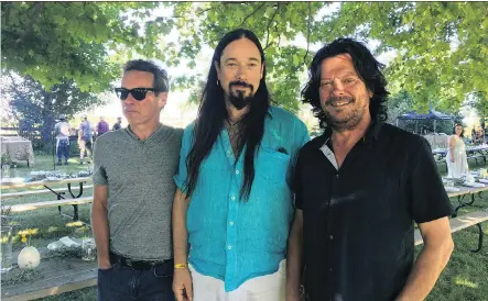  ?? JANE STEVENSON ?? “Personally, I have really sad days and I have really good days,” says Tragically Hip bassist Gord Sinclair, left, seen with his bandmates Rob Baker and Paul Langlois, both guitarists, at The New Farm in Creemore, Ont. “And that’s a long process.”