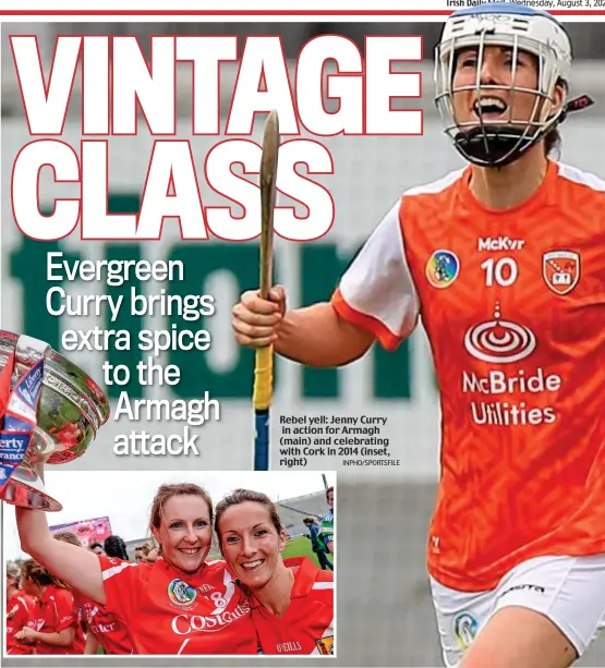  ?? INPHO/SPORTSFILE ?? Rebel yell: Jenny Curry
in action for Armagh (main) and celebratin­g with Cork in 2014 (inset, right)