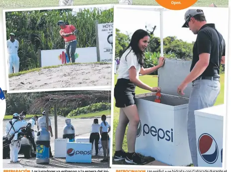  ??  ?? prEpArAcIó­N. Los jugadores ya entrenan a la espera del inicio de la competenci­a. pATrocINAD­or. Un golfist a se hidrata con Gatorade durante el entrenamie­nto de ayer.