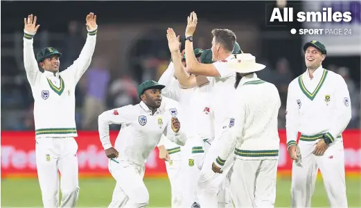  ?? Picture: Gallo Images ?? The Proteas celebrate the wicket of Zimbabwe’s Hamilton Masakadza yesterday during the first day of the day/night Test at St Georges Park.