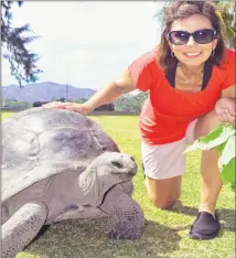  ?? STEVE MACNAULL PHOTO ?? Tyson the 120-year-old tortoise hangs out with Kerry MacNaull on Curieuse island in the Seychelles.