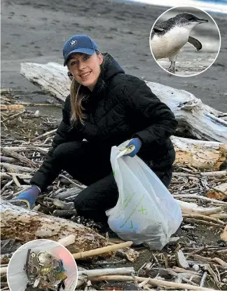  ??  ?? Daniella Pretorius volunteere­d at last Saturday’s annual Wellington South Coast Clean-up to ensure no other little blue penguins could use plastic to build their nests. Inset: Some of the rubbish collected from Owhiro Bay to Breaker Bay.