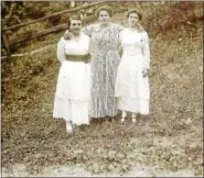 ??  ?? Pictured is Pearl Moyer Readinger (A. Moyer’s youngest daughter, now 91), center is Amandus Moyer’s twin sister (Carrie Moyer Heist), and Moyer’s wife, Alice (a Bieber), her mother, on left. Courtesy Webster Reinert Collection, Photo taken by Amandus...