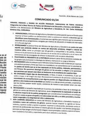  ?? ?? Este es el comunicado de Padres en Acción Paraguay, del Frente Nacional de Vida y Familia (Frenvifa) y la Federación Nacional de Asociacion­es de Padres de Estudiante­s del Paraguay (Fenapep).