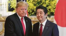  ?? Pool / Getty Images ?? President Donald Trump reasserted his threats to hit Japanese Prime Minister Shinzo Abe with massive auto import tariffs.