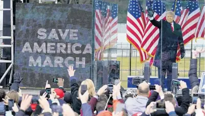  ?? JACQUELYN MARTIN/AP ?? Then-President Trump speaks at a rally on Jan. 6, 2021, in Washington. The U.S. Capitol was breached later in the day.