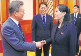  ?? AFP ?? South Korea's President Moon Jaein greets North Korean leader Kim Jong Un's sister Kim Yo Jong before their meeting at the presidenti­al Blue House in Seoul on Saturday.