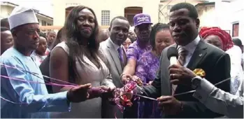  ??  ?? Pastor Tunde Olufowora, Int’l Director of the Haven, Christ Embassy Church, (right) cuts the tape, assisted by Nollywood veteran, Rachel Oniga, musician, Kunle Gold, Bamidele and Tolu Onalaja Chief Executive Officer and Executive Director,...