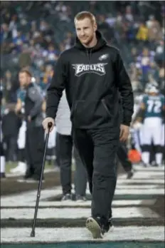  ?? THE ASSOCIATED PRESS FILE ?? Eagles quarterbac­k Carson Wentz passed on that walking stick quite a while ago. Now he’ll finally have the chance to see how his passing game can hold up against live NFL competitio­n.