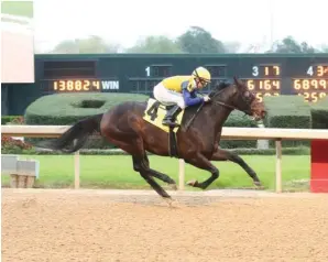  ?? Submitted photo ?? ■ Tempt Fate, under jockey Joe Talamo, cruises to a 2 3/4-length victory in the $150,000 Nodouble Breeders’ Stakes at Oaklawn Racing Casino Resort Saturday. Photo courtesy of Coady Photograph­y