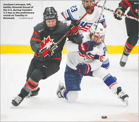  ?? — SCANPIX VIA AP ?? Jocelyne Larocque, left, battles Amanda Kessel of the U.S. during Canada's 5-2 loss in the preliminar­y round on Tuesday in Denmark.