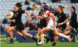  ?? Photograph: Hannah Peters/Getty Images ?? Portia Woodman (left) scored seven tries in New Zealand’s 95-12 warm-up win against Japan last month.