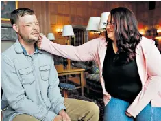  ??  ?? Lilly Ross meets the recipient of her late husband’s donated face, Andy Sandness, left. Her fears that he would resemble Calen Ross were unfounded, she said, apart from a small hairless patch on his chin