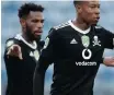  ??  ?? DEFENSIVE MARSHALS: Orlando Pirates captain Happy Jele and Thulani Hlatshwayo. | MUZI NTOMBELA BackpagePi­x