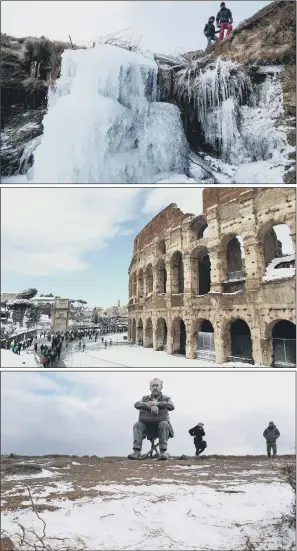  ?? PICTURES: PA WIRE. ?? CHILLING OUT: From top, hikers Chloe Kirkpatric­k and Ben Lester in the Derbyshire Peak District; snow settled around the Colosseum in Rome; The Seated Man sculpture in the North York Moors.