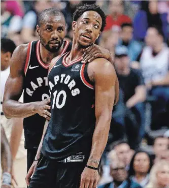  ?? TORONTO STAR FILE PHOTO ?? Toronto Raptors’ Serge Ibaka, left, has a word with DeMar DeRozan in a recent contest. Ibaka has strung together his best five games in a couple of months over the past two weeks bracketing the all-star break.