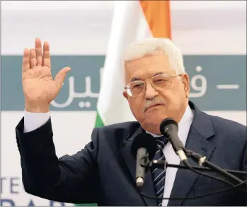  ??  ?? Palestinia­ns only: Palestinia­n President Mahmoud Abbas waves during a ceremony of laying the foundation stone of Palestine-India Techno Park on November 8, 2016.
