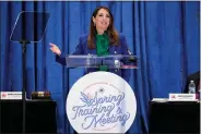  ?? MICHAEL WYKE - THE ASSOCIATED PRESS ?? Ronna McDaniel, the outgoing Republican National Committee chairwoman, gives her last speech in the position at the general session of the RNC spring meeting March 8in Houston. McDaniel was succeeded by Michael Whatley, who won by unanimous voice vote.