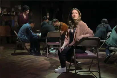  ?? KEVIN BERNE BERKELEY REPERTORY THEATRE ?? Jessica (played by Margo Seibert, foreground) is among the support group members battling an unhealthy obsession with the internet in the musical “Octet,” playing at Berkeley Repertory Theatre.