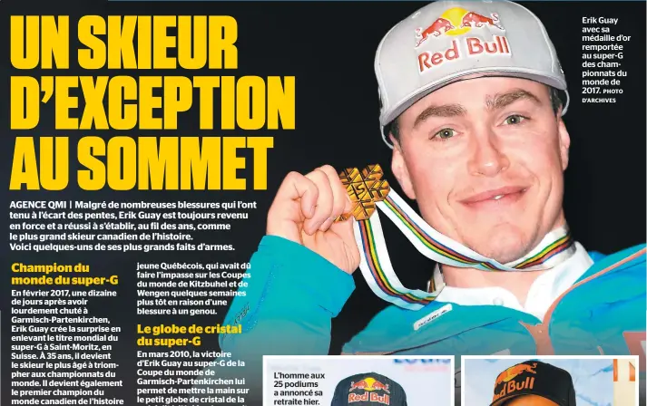  ??  ?? Erik Guay avec sa médaille d’or remportée au super-G des championna­ts du monde de 2017. PHOTO D’ARCHIVES