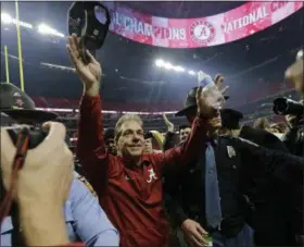  ?? DAVID J. PHILLIP — THE ASSOCIATED PRESS ?? Alabama coach Nick Saban celebrates winnning the national championsh­ip game against Georgia Jan. 8 in Atlanta.